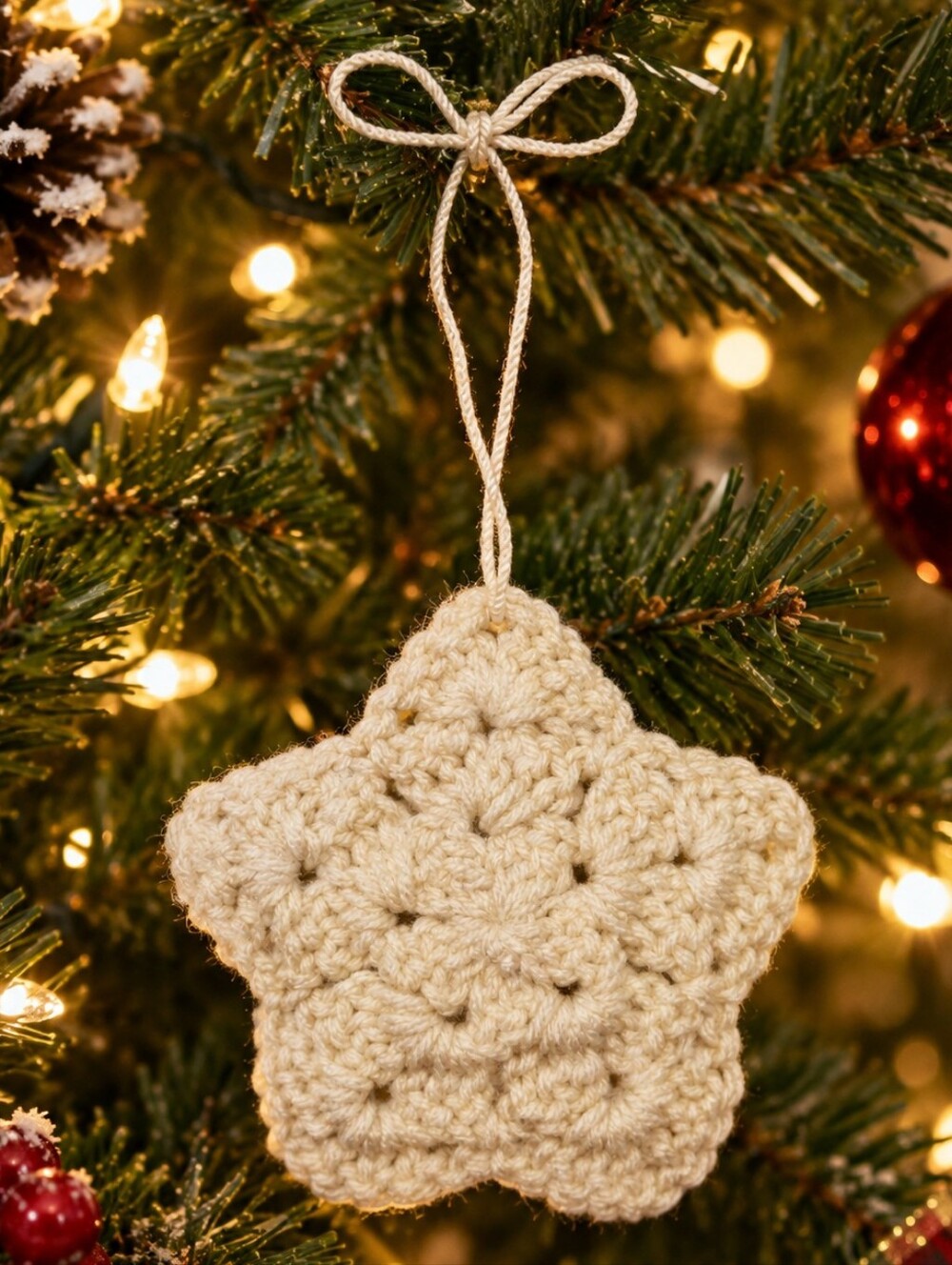 Star Christmas Ornament Cream Ivory Handmade Crochet Yarn Holiday Home Decor